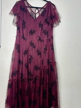 Lane Bryant Burgundy Floral Mesh Maxi Dress with Crisscross Back